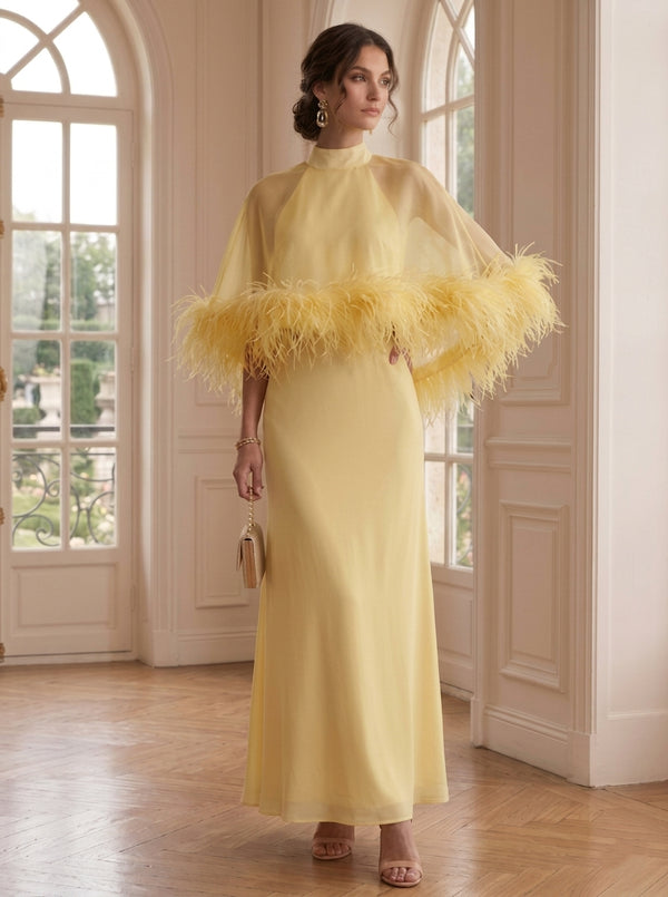 Sheath/Column Mock Neck Chiffon Formal Dresses with Feathers Ankle-Length Cape Sleeves Evening Dresses