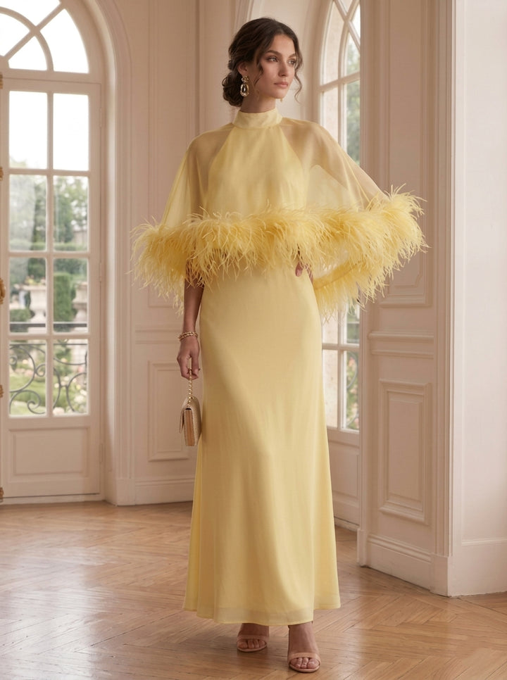 Sheath/Column Mock Neck Chiffon Formal Dresses with Feathers Ankle-Length Cape Sleeves Evening Dresses