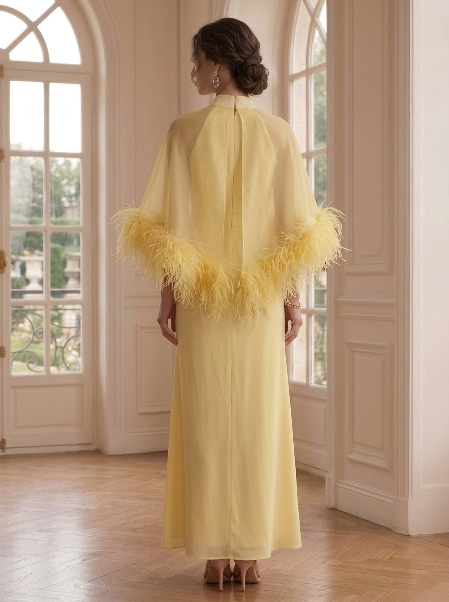 Sheath/Column Mock Neck Chiffon Formal Dresses with Feathers Ankle-Length Cape Sleeves Evening Dresses