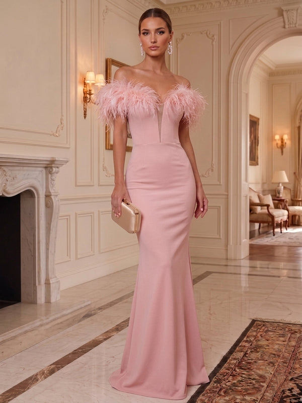 Trumpet/Mermaid Off-the-Shoulder Stretch Satin Formal Dresses with Feathers Floor-Length Sleeveless Evening Dresses