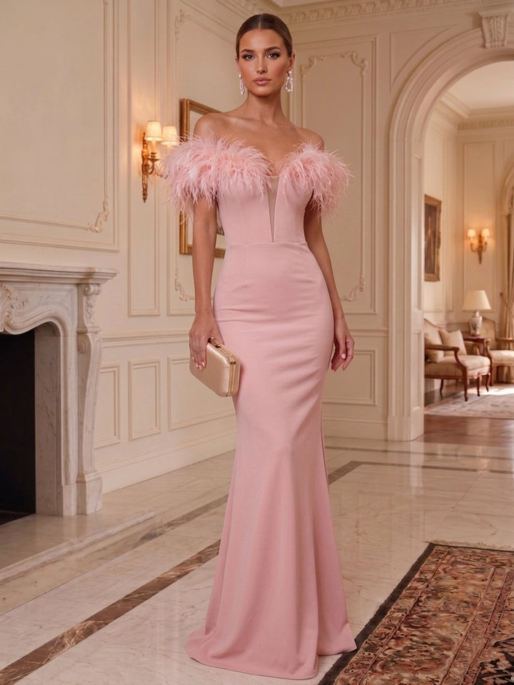 Trumpet/Mermaid Off-the-Shoulder Stretch Satin Formal Dresses with Feathers Floor-Length Sleeveless Evening Dresses