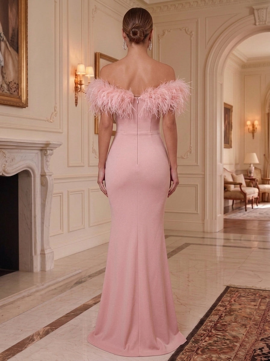 Trumpet/Mermaid Off-the-Shoulder Stretch Satin Formal Dresses with Feathers Floor-Length Sleeveless Evening Dresses