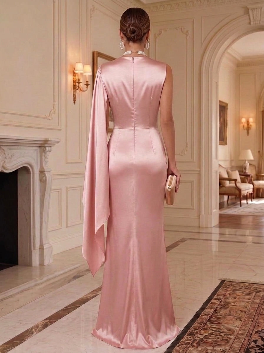 Sheath/Column Jewel Neck Silk Satin Formal Dresses Ruched Floor-Length Cape Sleeve Evening Dresses