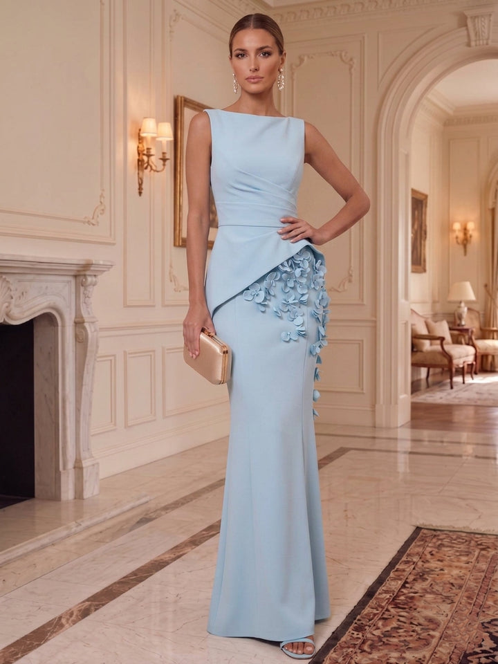 Trumpet/Mermaid Boat Neck Stretch Satin Formal Dresses with 3D Flowers Floor-Length Sleeveless Evening Dresses