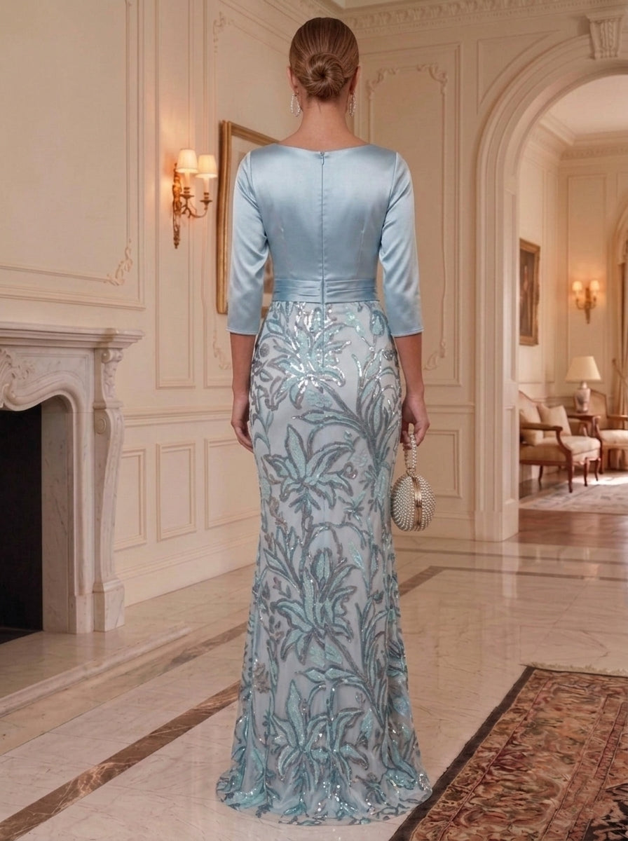 Trumpet/Mermaid V-Neck Silk Satin Formal Dresses Floral Sequins Floor-Length 3/4 Sleeves Evening Dresses