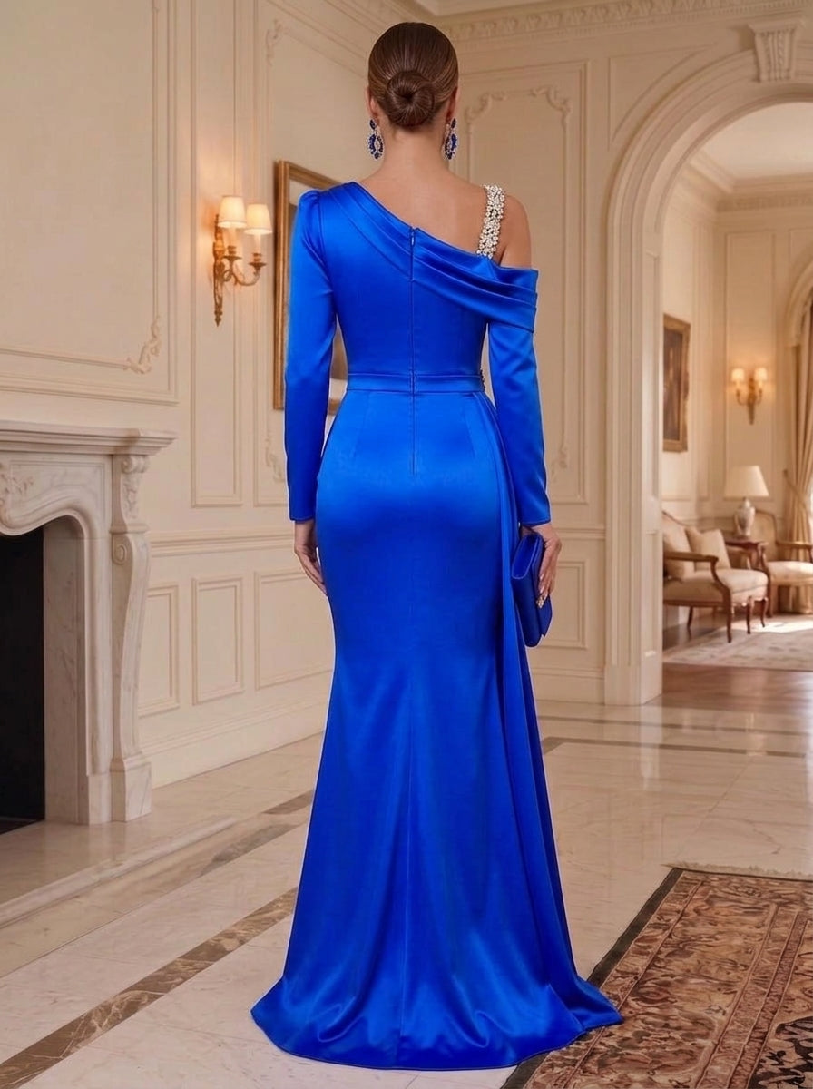 Trumpet/Mermaid Asymmetrical Neck Silk Satin Formal Dresses Ruched Floor-Length Long Sleeves Evening Dresses