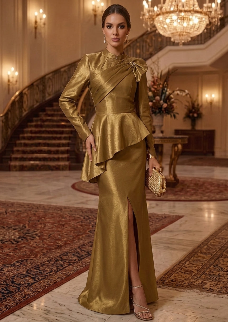 Sheath/Column Mock Neck Taffeta Evening Dresses with Split Side Long Sleeves Floor-Length Ruffles Formal Dresses