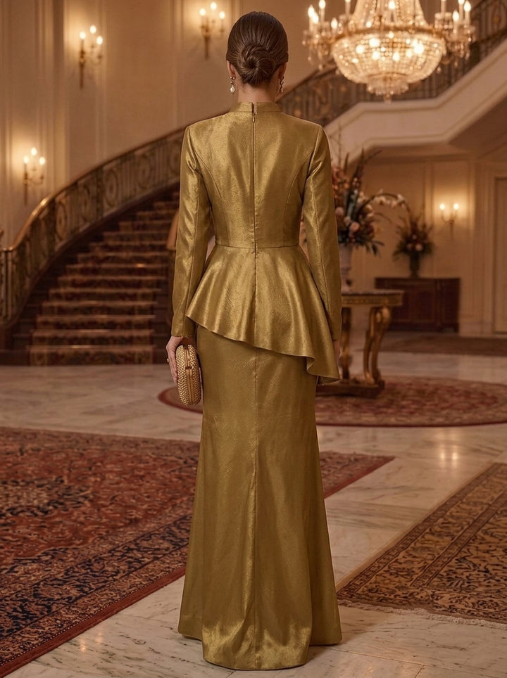 Sheath/Column Mock Neck Taffeta Evening Dresses with Split Side Long Sleeves Floor-Length Ruffles Formal Dresses