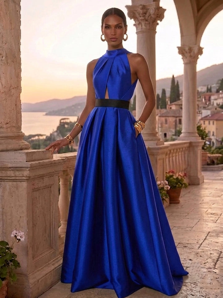 A-Line/Princess Halter Satin Evening Dresses Floor-Length Ruched Sleeveless Formal Dresses