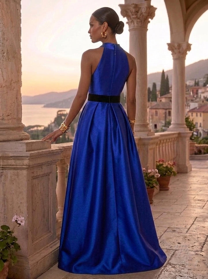 A-Line/Princess Halter Satin Evening Dresses Floor-Length Ruched Sleeveless Formal Dresses