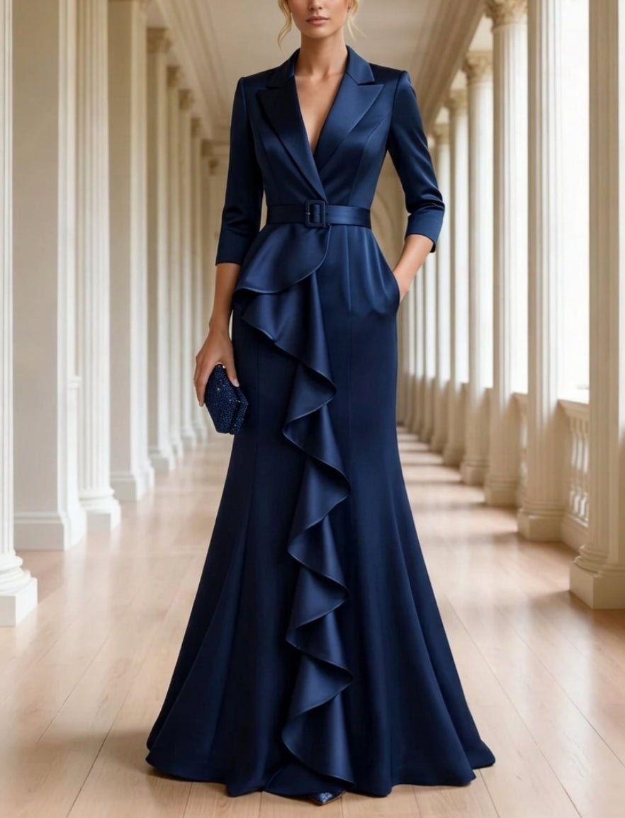 A-Line/Princess V-Neck Satin Evening Dresses Floor-Length Ruffles 3/4 Sleeves Belt Formal Dresses