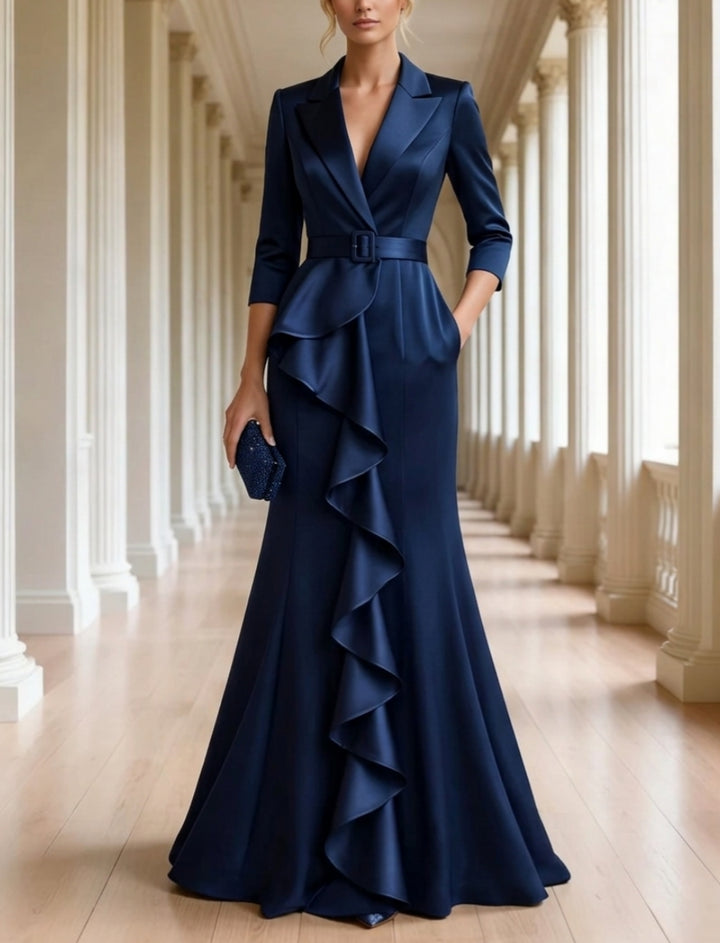 A-Line/Princess V-Neck Satin Evening Dresses Floor-Length Ruffles 3/4 Sleeves Belt Formal Dresses