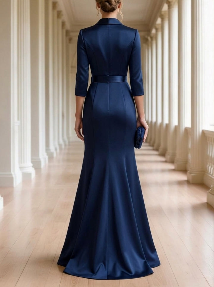 A-Line/Princess V-Neck Satin Evening Dresses Floor-Length Ruffles 3/4 Sleeves Belt Formal Dresses