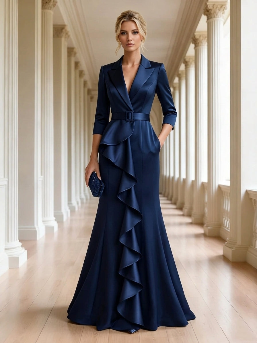 A-Line/Princess V-Neck Satin Evening Dresses Floor-Length Ruffles 3/4 Sleeves Belt Formal Dresses