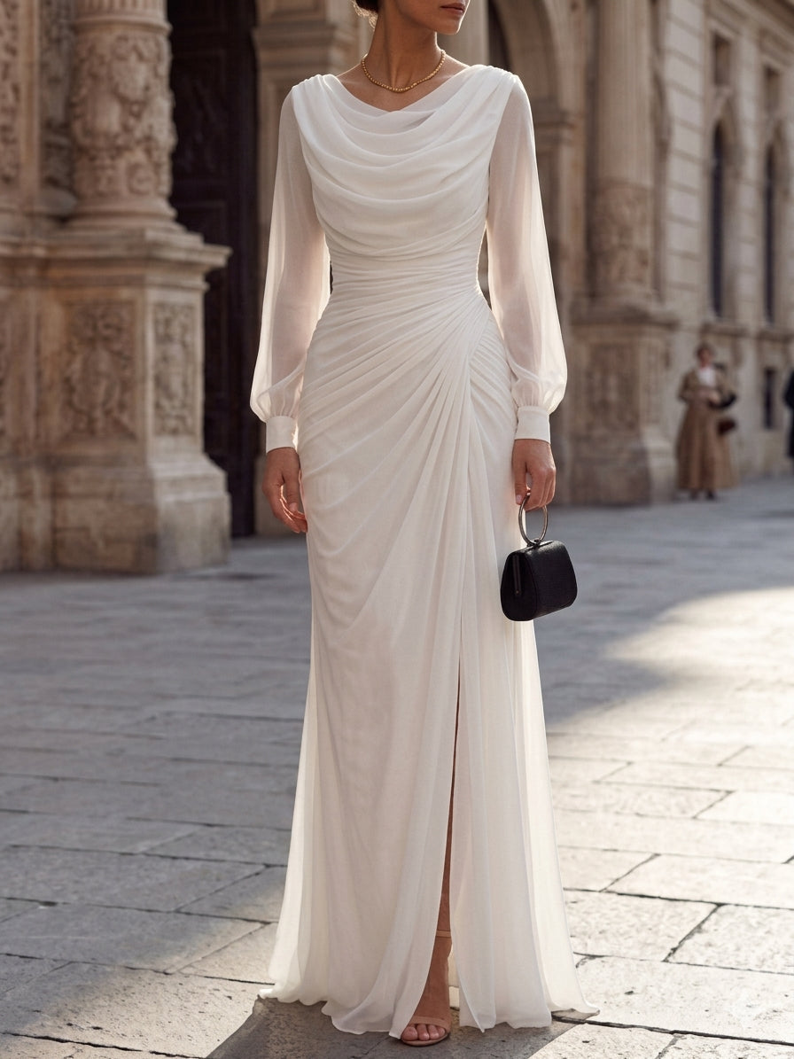A-Line/Princess Cowl Neck Chiffon Evening Dresses with Split Side Floor-Length Long Sleeves Ruched Formal Dresses