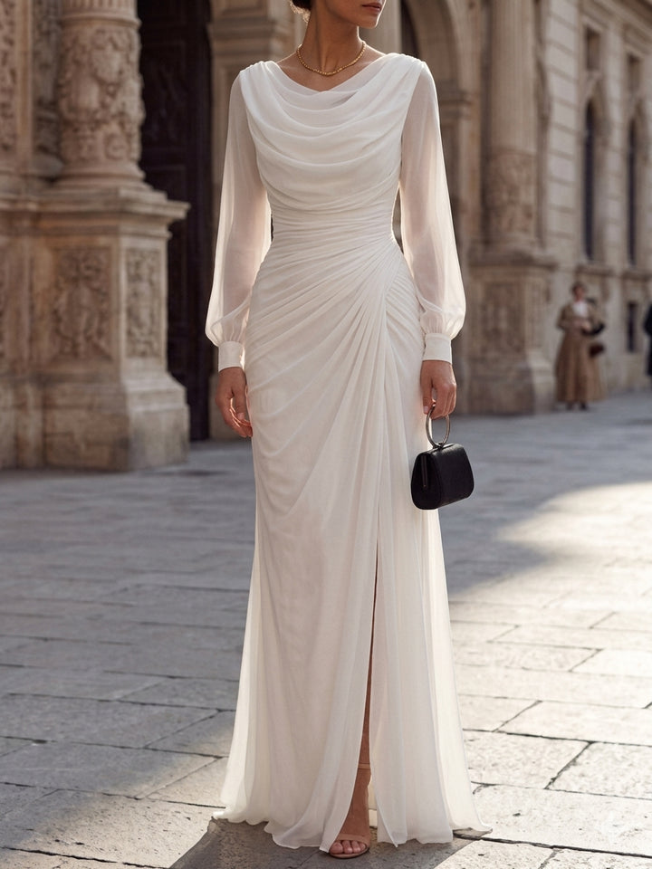 A-Line/Princess Cowl Neck Chiffon Evening Dresses with Split Side Floor-Length Long Sleeves Ruched Formal Dresses