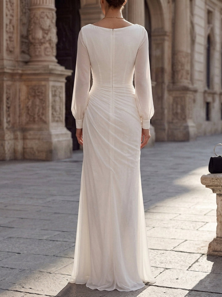 A-Line/Princess Cowl Neck Chiffon Evening Dresses with Split Side Floor-Length Long Sleeves Ruched Formal Dresses