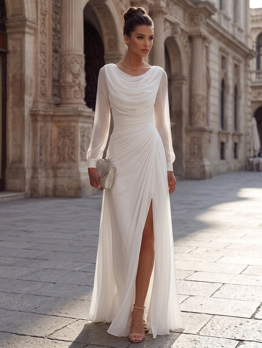 A-Line/Princess Cowl Neck Chiffon Evening Dresses with Split Side Floor-Length Long Sleeves Ruched Formal Dresses
