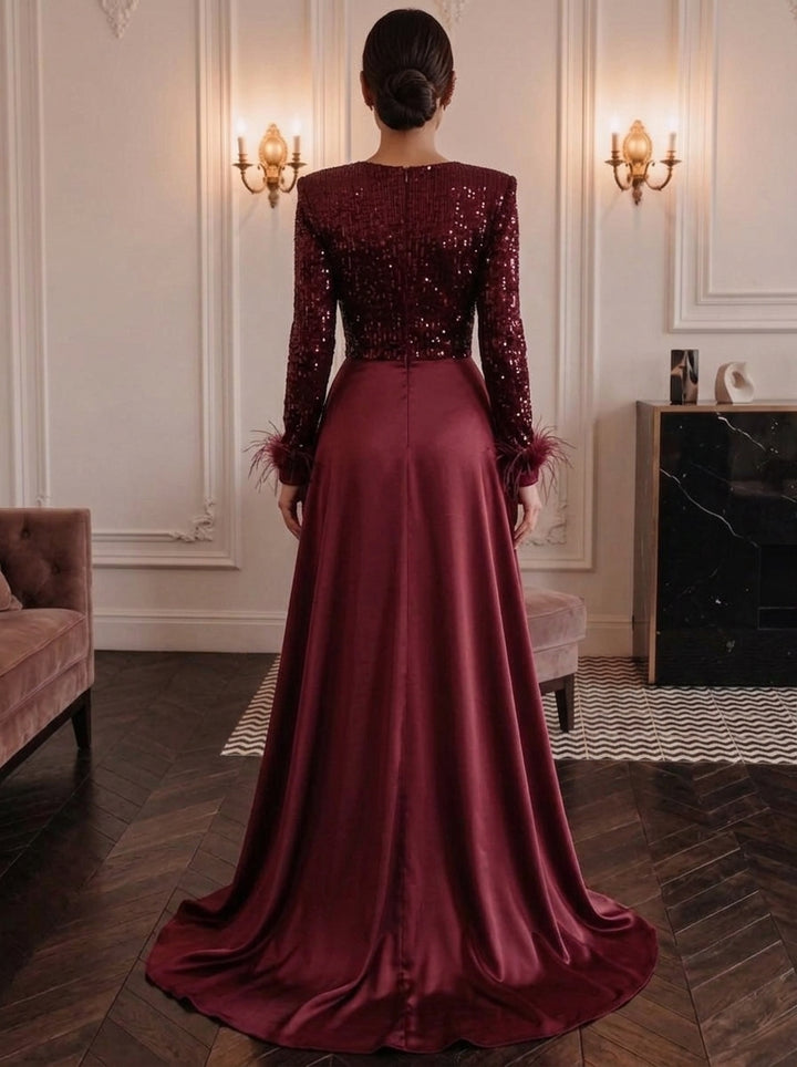 A-Line/Princess V-Neck Satin Evening Dresses with Overskirt Floor-Length Split Side Feathers Sequins Long Sleeves Formal Dresses