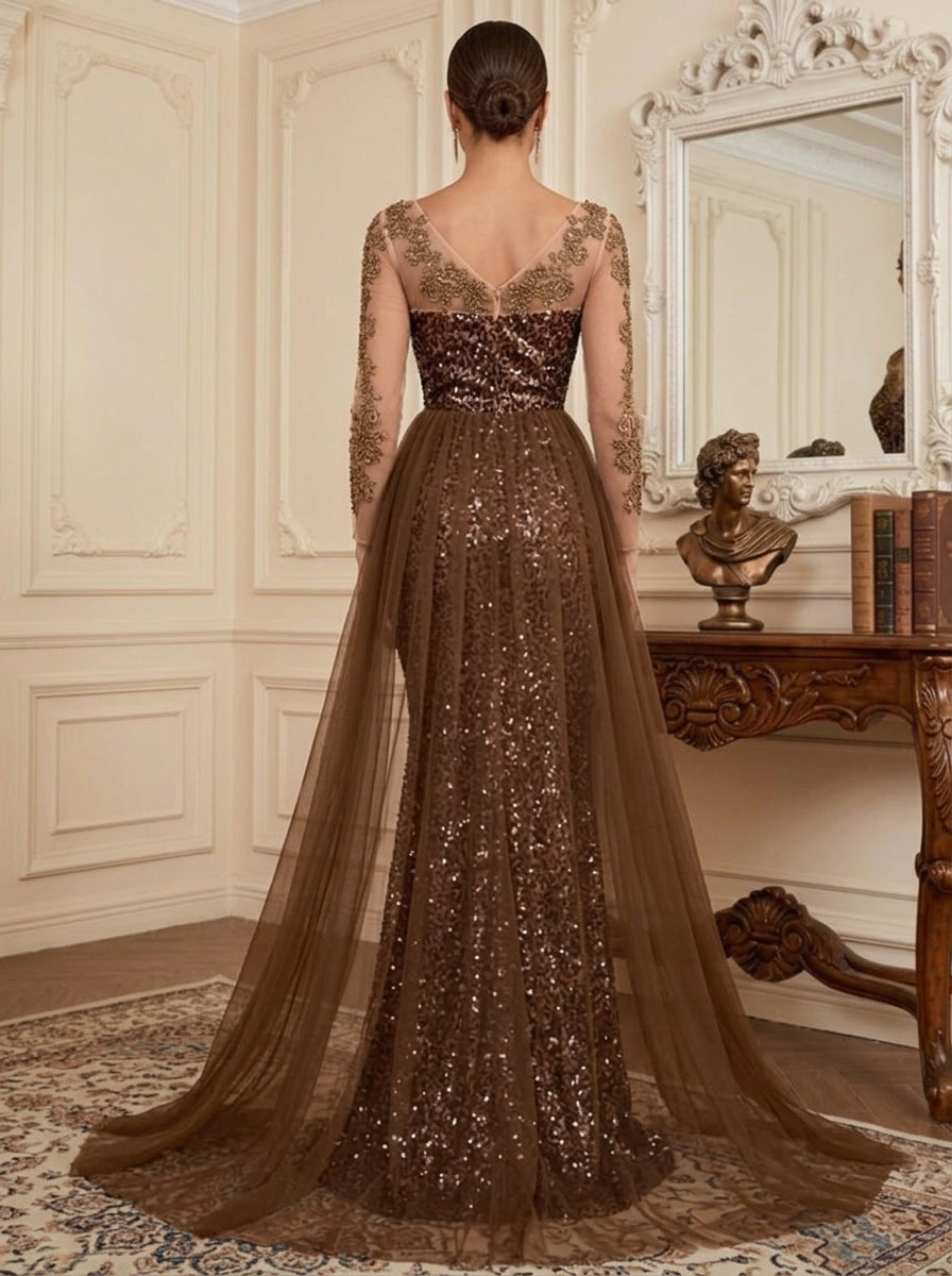 Trumpet/Mermaid Scoop Velvet Sequins Evening Dresses with Overskirt Lace Floor-Length Long Sleeves Formal Dresses