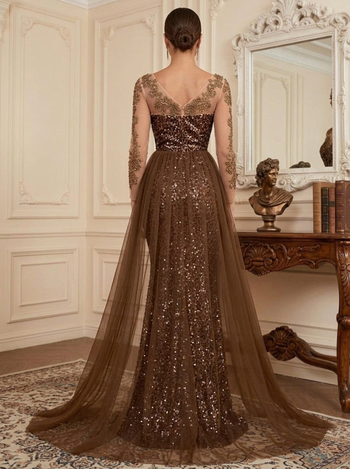 Trumpet/Mermaid Scoop Velvet Sequins Evening Dresses with Overskirt Lace Floor-Length Long Sleeves Formal Dresses
