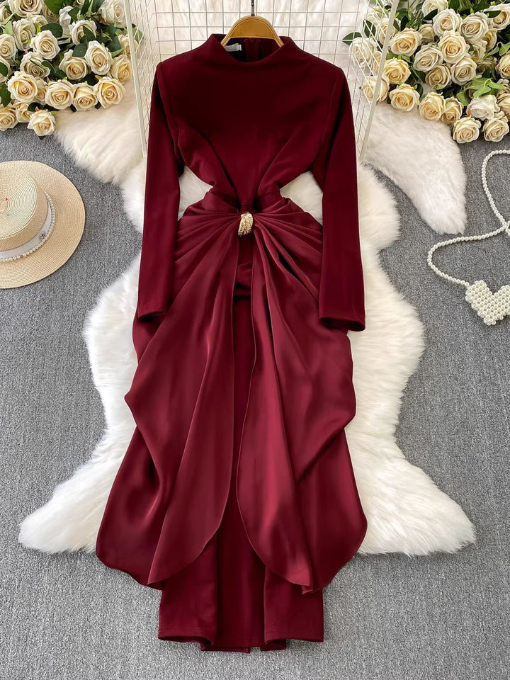 Sheath/Column Mock Neck Velvet Wedding Guest Dresses Ankle-Length Long Sleeves with Sash