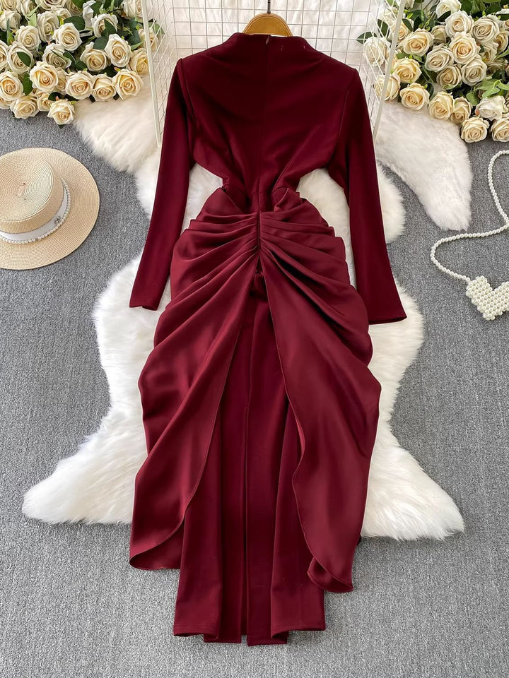 Sheath/Column Mock Neck Velvet Wedding Guest Dresses Ankle-Length Long Sleeves with Sash