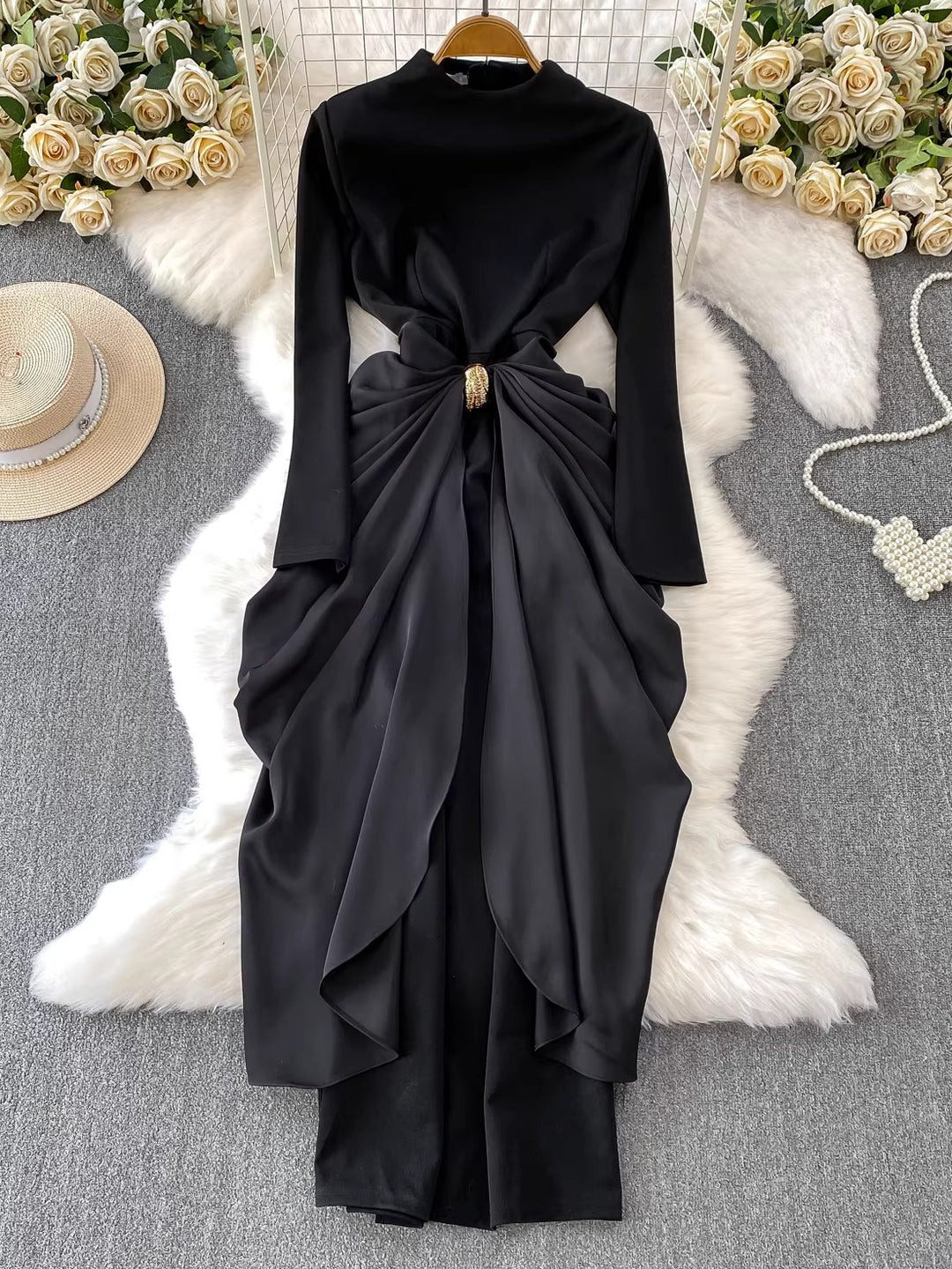 Sheath/Column Mock Neck Velvet Wedding Guest Dresses Ankle-Length Long Sleeves with Sash