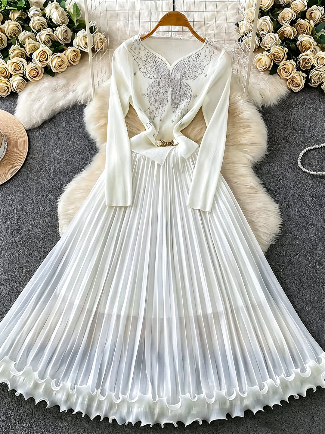 A-Line/Princess V-Neck Wedding Guest Dresses Tea-Length Long Sleeves with Belt