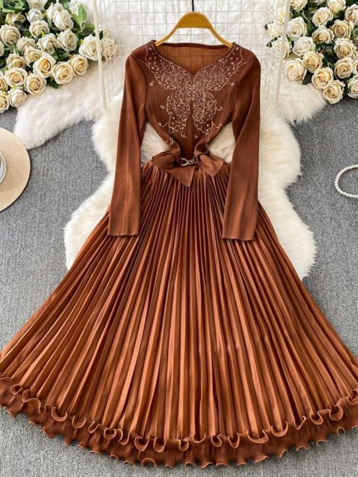 A-Line/Princess V-Neck Wedding Guest Dresses Tea-Length Long Sleeves with Belt