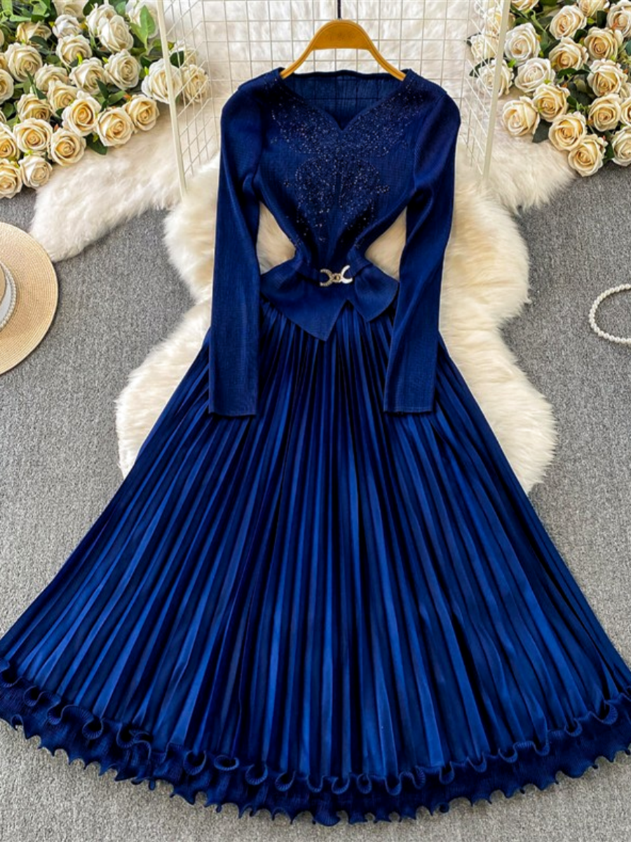 A-Line/Princess V-Neck Wedding Guest Dresses Tea-Length Long Sleeves with Belt