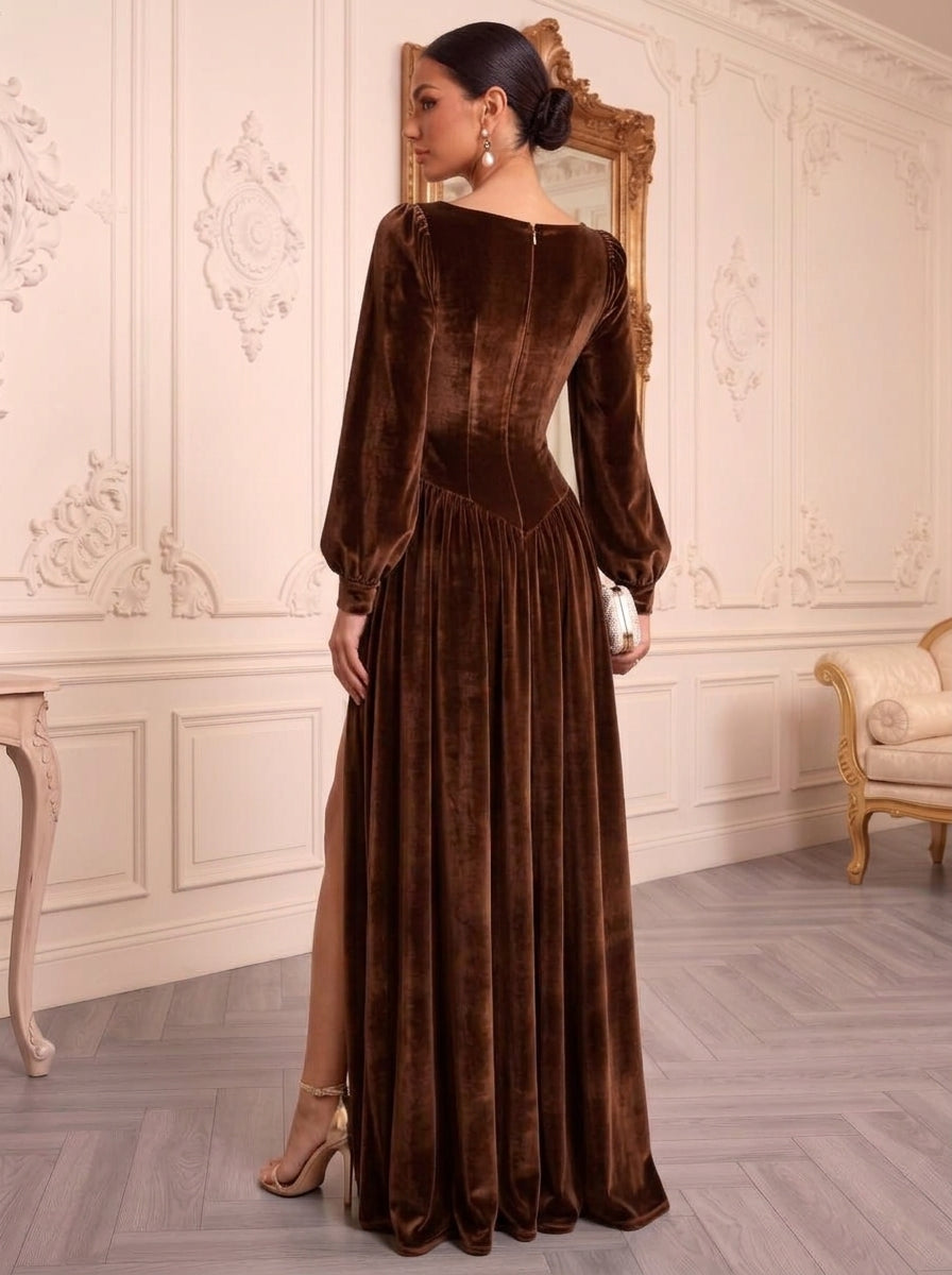 A-Line/Princess Square Collar Velvet Evening Dresses with Split Side Floor-Length Long Sleeves Formal Dresses