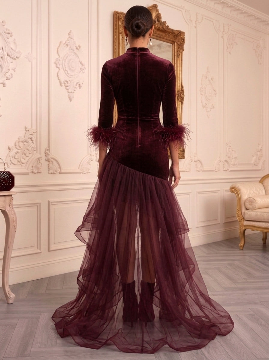 Sheath/Column Mock Neck Velvet Evening Dresses with Feathers 3/4 Sleeves Asymmetrical Floor-Length Organza Formal Dresses