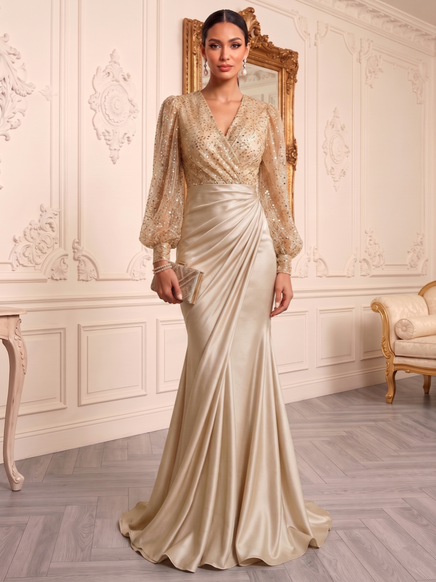 Trumpet/Mermaid V-Neck Silk Satin Evening Dresses Floor-Length Sequins Long Sleeves Ruched Formal Dresses