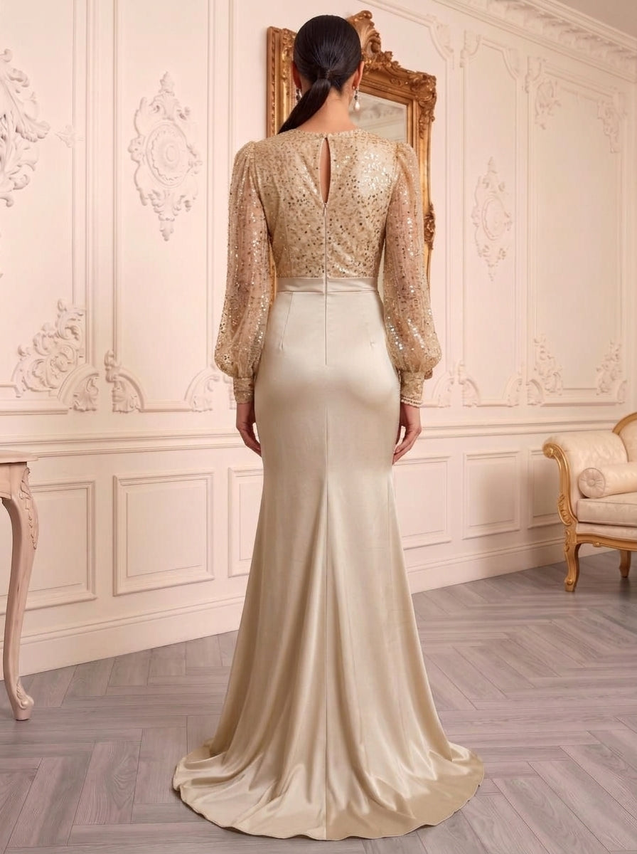 Trumpet/Mermaid V-Neck Silk Satin Evening Dresses Floor-Length Sequins Long Sleeves Ruched Formal Dresses