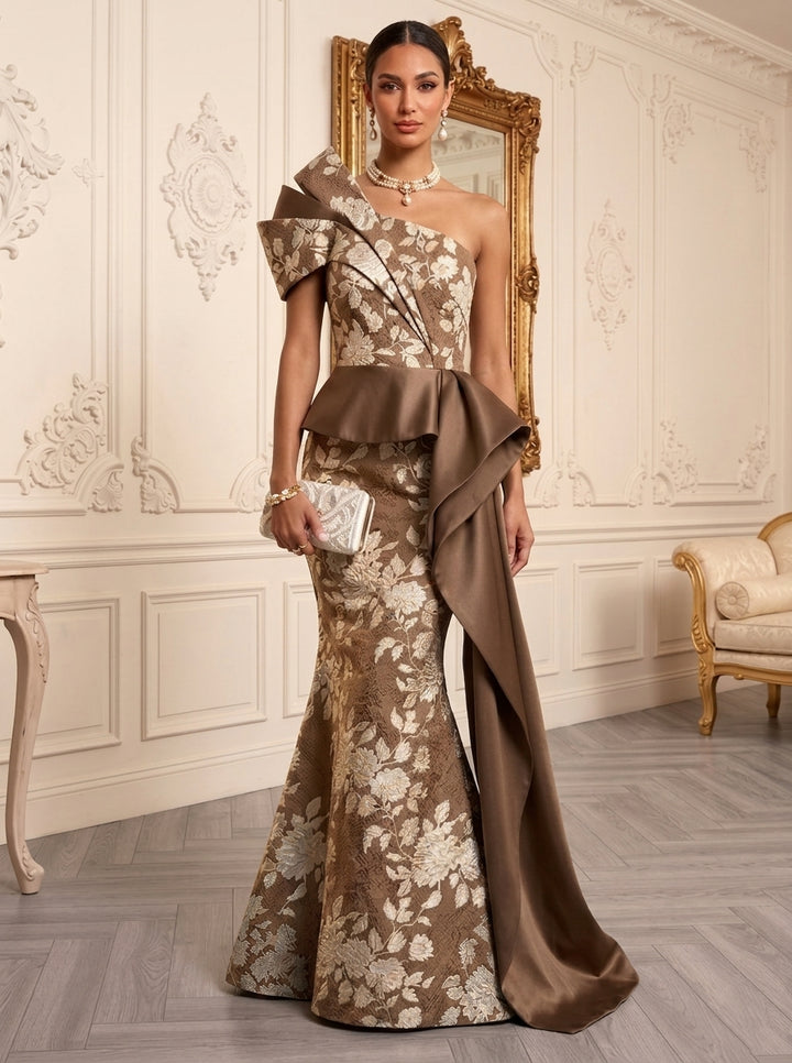 Trumpet/Mermaid One-Shoulder Jacquard Evening Dresses with Watteau Train Floral Floor-Length Sleeveless Formal Dresses