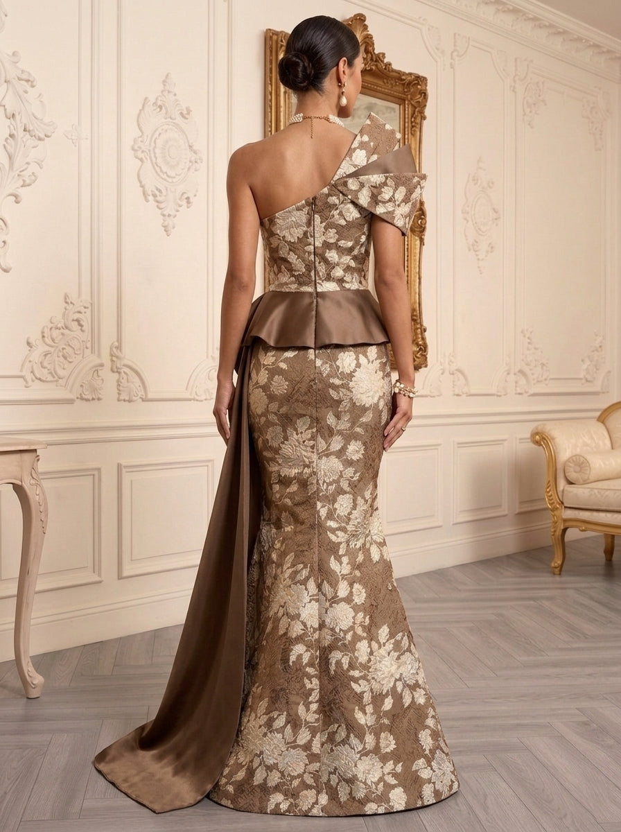 Trumpet/Mermaid One-Shoulder Jacquard Evening Dresses with Watteau Train Floral Floor-Length Sleeveless Formal Dresses