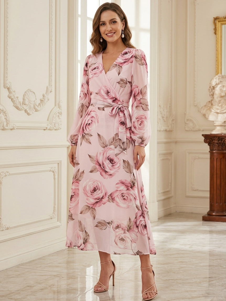 A-Line/Princess V-Neck Chiffon Floral Wedding Guest Dresses Tea-Length Long Sleeves with Belt