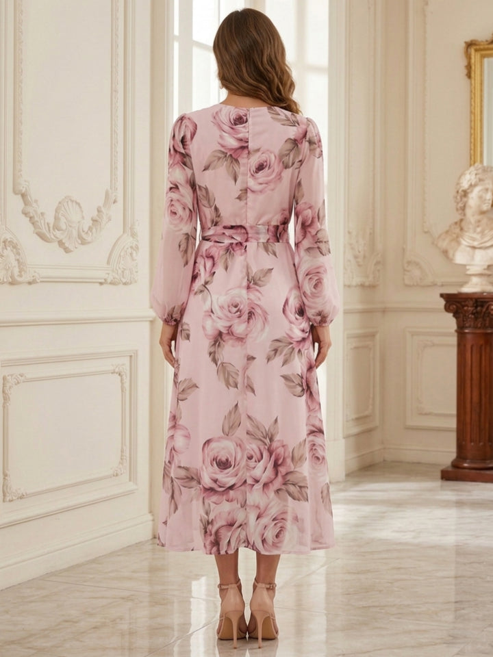 A-Line/Princess V-Neck Chiffon Floral Wedding Guest Dresses Tea-Length Long Sleeves with Belt