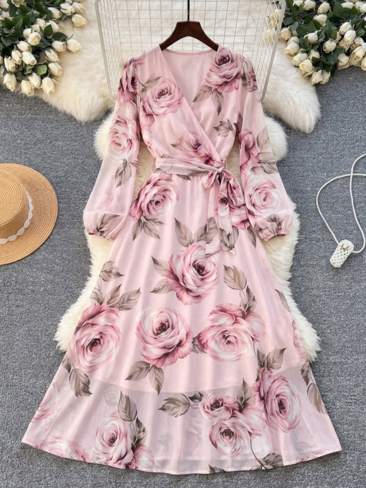A-Line/Princess V-Neck Chiffon Floral Wedding Guest Dresses Tea-Length Long Sleeves with Belt
