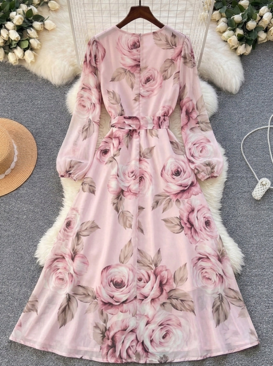 A-Line/Princess V-Neck Chiffon Floral Wedding Guest Dresses Tea-Length Long Sleeves with Belt