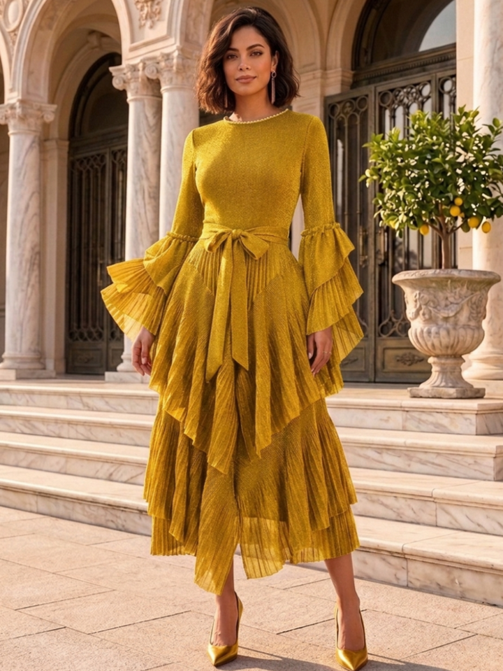 A-Line/Princess Scoop Metallic Wedding Guest Dresses Tea-Length Long Sleeves Bowknot