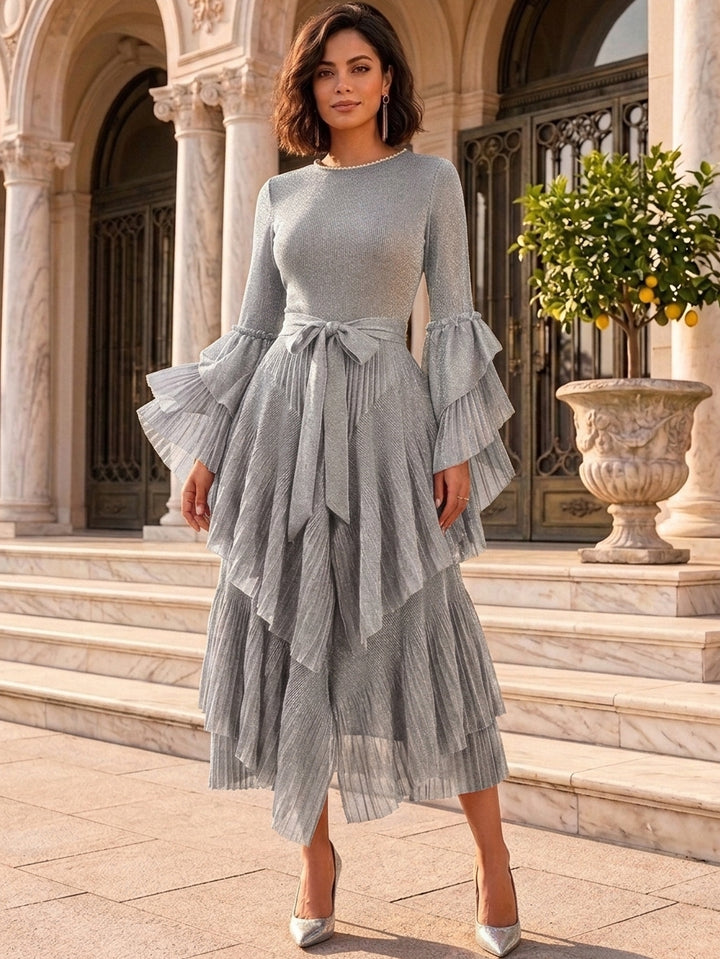 A-Line/Princess Scoop Metallic Wedding Guest Dresses Tea-Length Long Sleeves Bowknot