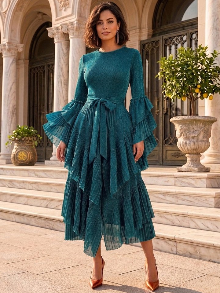 A-Line/Princess Scoop Metallic Wedding Guest Dresses Tea-Length Long Sleeves Bowknot