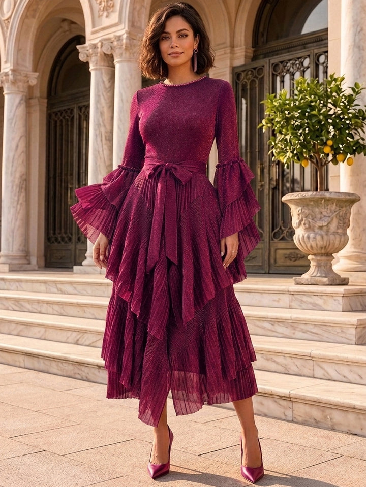 A-Line/Princess Scoop Metallic Wedding Guest Dresses Tea-Length Long Sleeves Bowknot