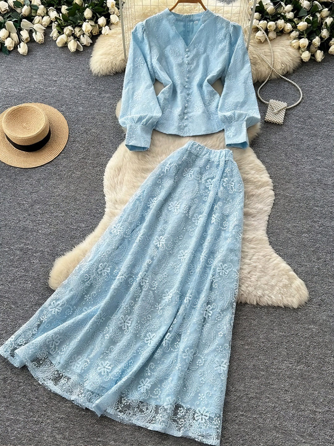 2 Pieces A-Line/Princess V- Neck Lace Wedding Guest Dresses Ankle-Length Long Sleeves