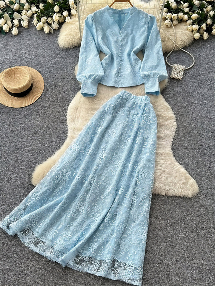 2 Pieces A-Line/Princess V- Neck Lace Wedding Guest Dresses Ankle-Length Long Sleeves