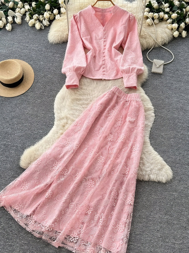 2 Pieces A-Line/Princess V- Neck Lace Wedding Guest Dresses Ankle-Length Long Sleeves
