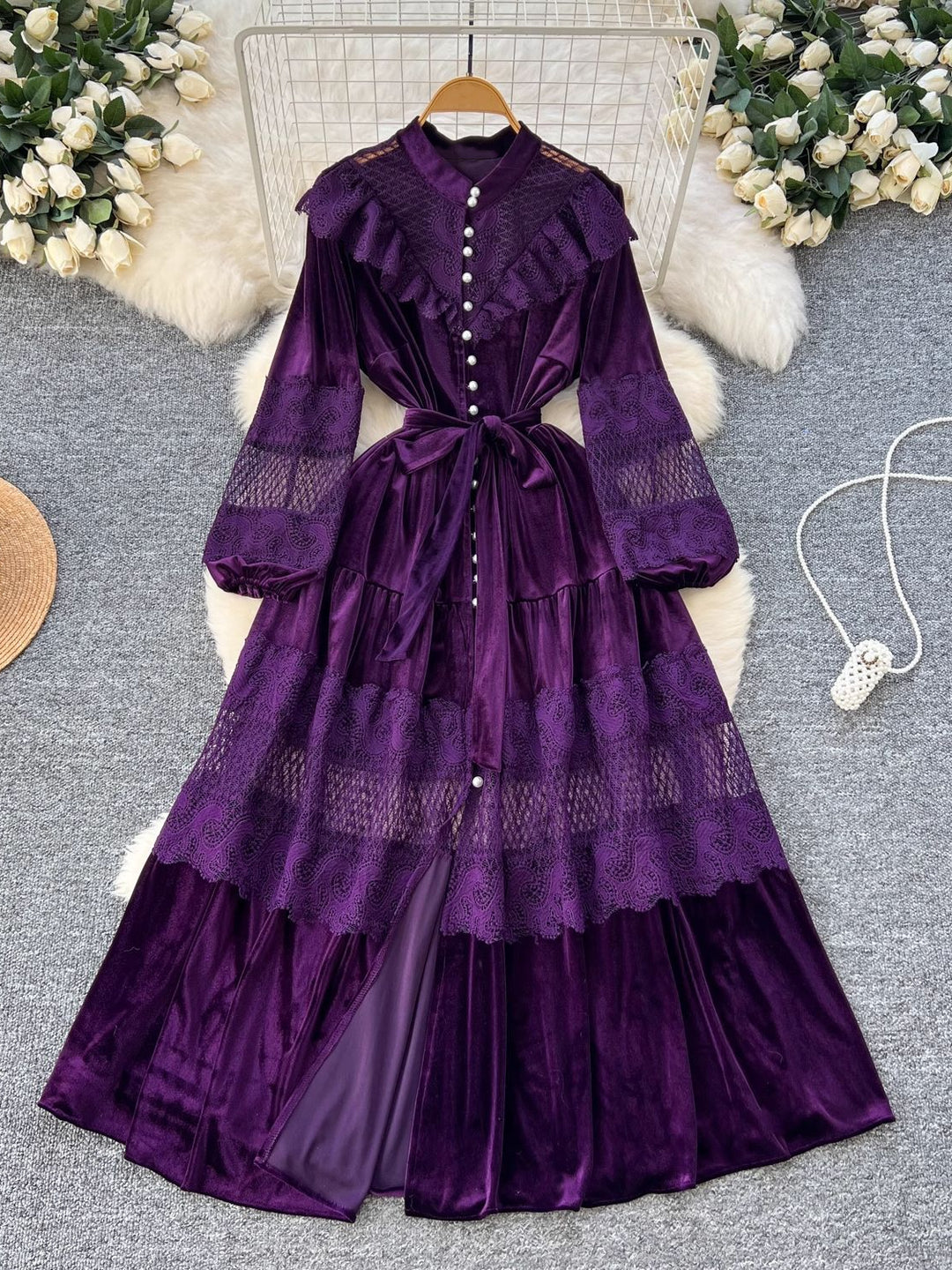A-Line/Princess Mock Neck Velvet Wedding Guest Dresses Tea-Length Long Sleeves Lace with Belt