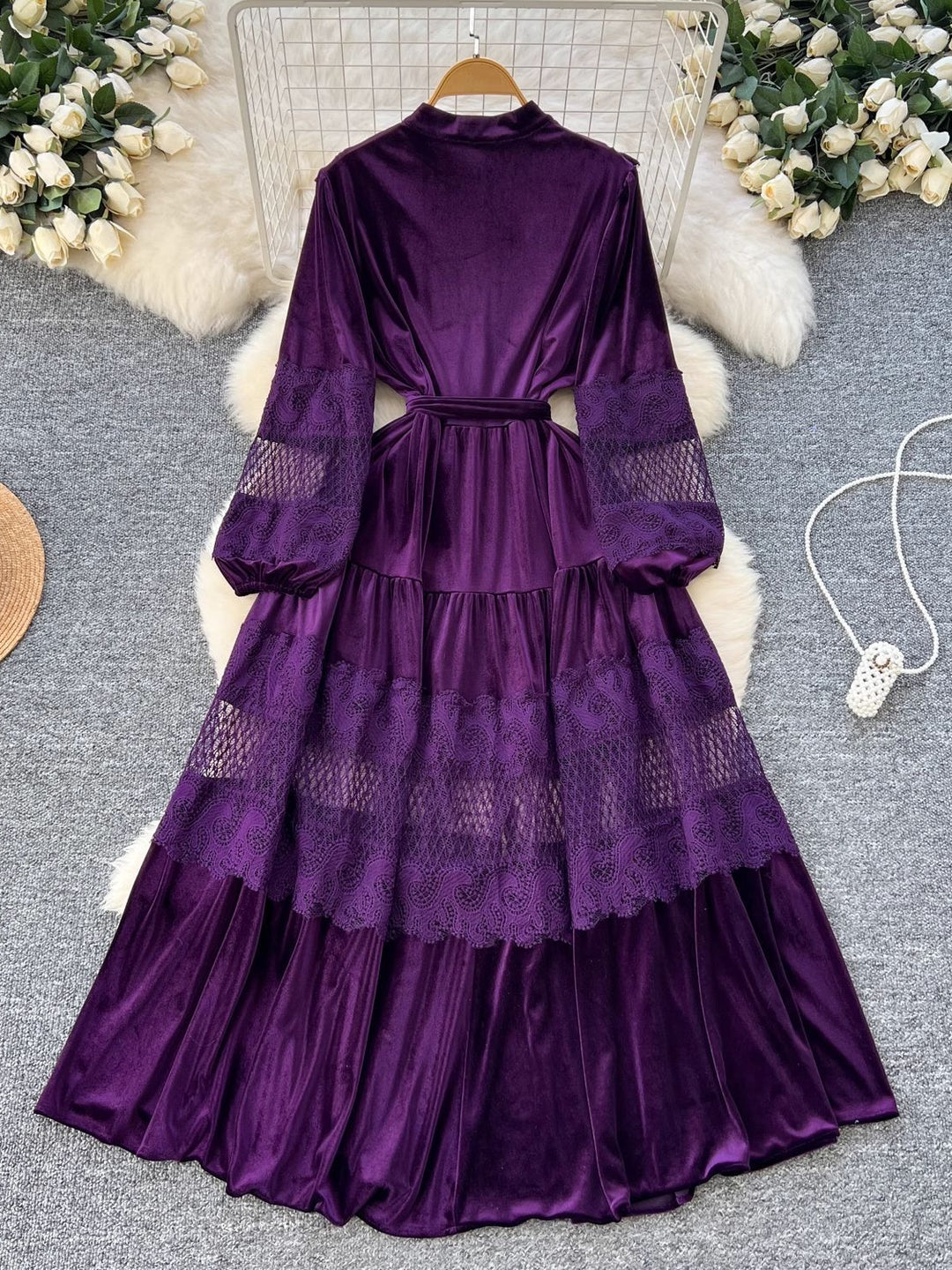 A-Line/Princess Mock Neck Velvet Wedding Guest Dresses Tea-Length Long Sleeves Lace with Belt